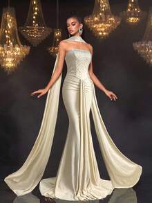 Glamrae Elegant, Luxurious, Rhinestone Embellished Sexy Bandeau Elastic Knit Mermaid Dress, Suitable For Weddings, Singles Parties, Vacations, Galas, Formal Events (Heavy Embellishment) - Apricot - View 3