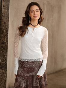 Wildy 波西米亚浪漫度假蕾丝衬衫，圣诞派对，新款长袖 T 恤，街头时尚美式乡村西部休闲长袖