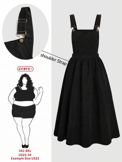 SHEIN CURVE+ Plus Size Women Solid Color Pleated Casual Loose Strap Dress/Autumn /Winter