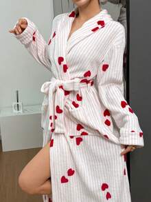 SHEIN 舒适条纹爱心长袖腰带女士睡袍，秋冬季，蓬松柔软 - 彩色 - 查看 6