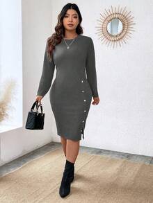EMERY ROSE Plus Size Solid Color Round Neck Fitted Elegant Long Sleeve Dress - Grey - View 6