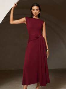 GENKIRA Autumn/Winter Burgundy Wrap-Around Asymmetric Ruched Design Elegant Fitted Maxi Sweater Dress With Decorative Buttons - Burgundy - View 1