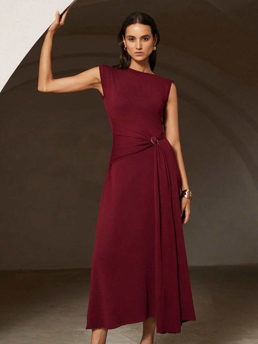 GENKIRA Autumn/Winter Burgundy Wrap-Around Asymmetric Ruched Design Elegant Fitted Maxi Sweater Dress With Decorative Buttons - Burgundy - View 1