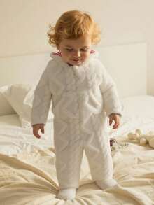 女婴休闲毛绒提花连帽连体衣 - 白色 - 查看 4