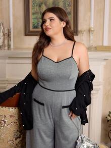 SHEIN MOD Plus Size Retro Elegant Contrast Color Trim Black & White Houndstooth Jumpsuit. Outfit - Black and White - View 4