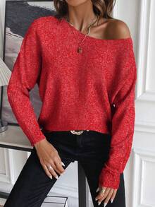 SHEIN LUNE Áo len dệt kim nữ thường ngày, thiết kế cánh dơi rộng rãi thoải mái, sợi len đỏ và trắng - Đỏ - Xem 4