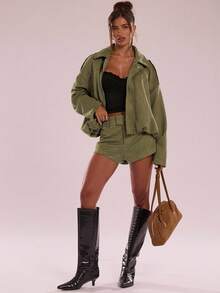 SHEIN BAE Women's Regular Faux Suede Long Sleeve Single Breasted Loose Casual Jacket, For Spring, Women's Pocket Metal Button Short Military Green Jacket Suitable For Spring And Autumn