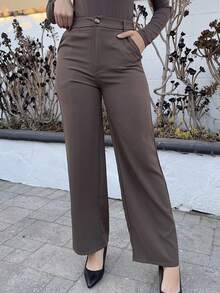 Andrea Bello Women Casual Solid Color Straight Leg Pants - Coffee Brown - View 5