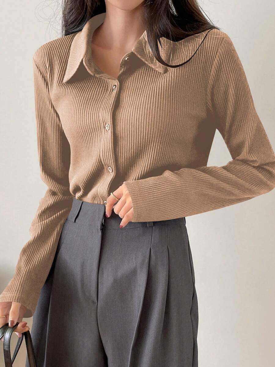 DAZY Camiseta de manga larga con botones de punto acanalado de unicolor simple para uso diario y casual de mujer, primavera/otoño - Caqui - Ver 1