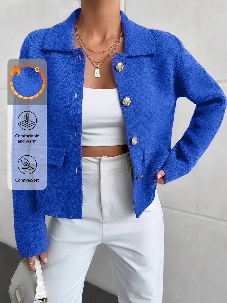 EURMUSE 1pc Solid Color Front Button Closure Elegant Knitted Long Sleeve Cardigan - Royal Blue - View 1