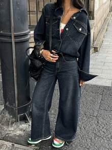 DAZY 女士牛仔夹克，带领子搭配直筒牛仔裤，休闲牛仔套装，Y2K风格 - 深色水洗藍 - 查看 6