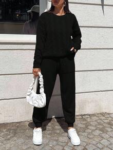 Cloudara Round Neck Long Sleeve Casual Sweater 2pcs/Set - Black - View 3