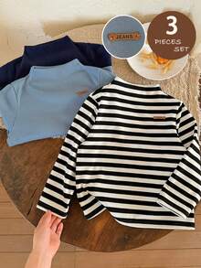 LMoss Kids 3 قطع/طقم تيشيرتات كاجوال للأولاد مخططة وبلون واحد مع طوق مطرز بحرف