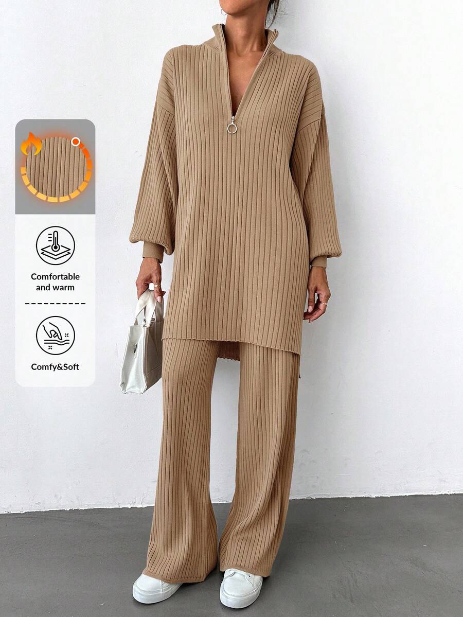 EURMUSE Women's Solid Color Zip-Up Half Placket Drop Shoulder Long Sleeve Long Sweater And Flared Pants Casual 2-Piece Set, Autumn/Winter - Camel - View 1