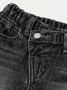 SHEIN 女婴蓝色牛仔毛绒衬里不对称腰部宽松裤 - 深灰色 - 查看 8