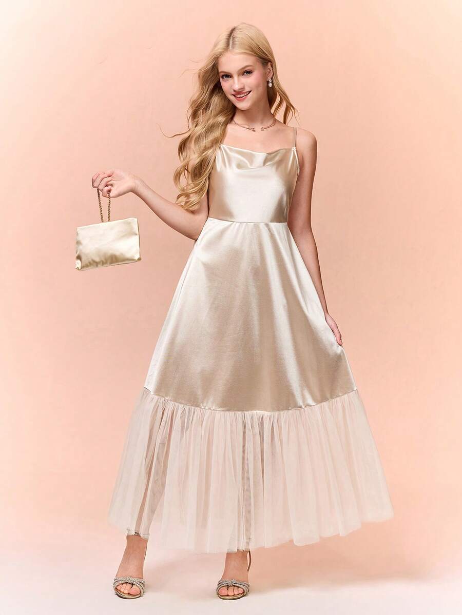 Teenage Girls' Apricot Satin & Mesh Long Sleeve Bow Dress, Casual Elegant Waist Cinched Dress For Autumn/Winter Ball - Apricot - View 1