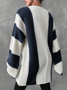 EURMUSE Women's Striped Color Block Loose Knitted Cardigan With Open Front - Navy Blue - View 2