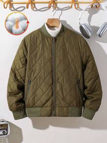 SHEIN Tween Boy Letter Patched Detail Teddy Lined Zipper Up Padded Coat - Army Green - View 6