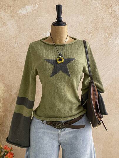 Soleia New Casual Vacation Western Beach Wedding Guest Attire, Graduation Brunch, St. Patrick's Day Spring Break, Easter, Music Festival, Elegant Boho Tropical Flare Flared Sleeve Star Pattern Women Sweater Autumn Winter Clothes For Women