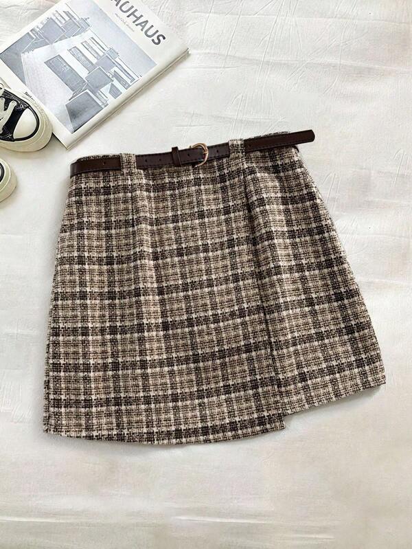 Franclia Plus Size Women Asymmetric Waist Belt Decor Short Skirt, Suitable For Work And Date, Autumn/Winter Belt Skirt Brown Plaid Skirt Tweed Skirt Plaid Skirt Checkered Skirt