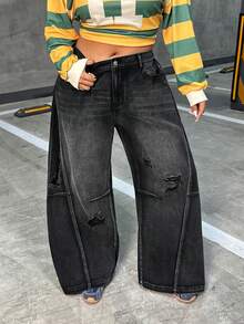 Flirla Plus Size Women's Edgy Street Style Distressed Gray Non-Stretch Denim Barrel Leg Jeans - Dark Grey - View 1