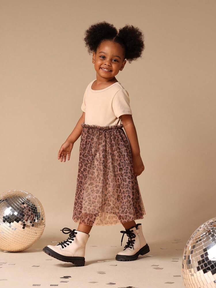 Leopard Print Tulle Dress With Short Sleeves