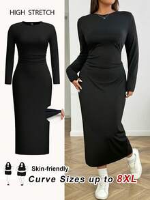 SHEIN CURVE+ Váy mùa đông cỡ lớn cho nữ, Váy dài tay cho nữ, Váy dự tiệc, Váy thường ngày ôm sát cổ tròn, Váy bó màu đen, Váy dài vừa phải màu đen, Váy đen ôm sát đường cong, Váy đen dài tay - màu đen - Xem 8