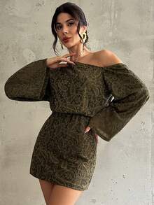 Firerie Damen elegantes romantisches Urlaubskleid für den Alltag, einfarbig weinrot, asymmetrischer Kragen, ausgestellte Ärmel, tailliert, Minirock, neues Herbst/Winter Kleid, Freizeitbekleidung - Grün - Übersicht 7