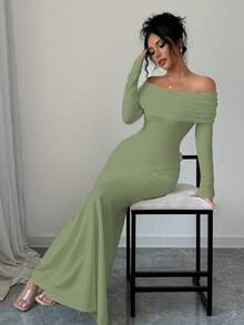 Rafferiza 性感优雅修身长袖束腰双层露肩扭背鱼尾下摆罗纹针织连衣裙，白色，秋冬 - 灰綠 - 查看 6