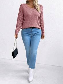 SHEIN LUNE Áo len tay dài cổ chữ V in hoa thoải mái, size lớn - Đỏ - Xem 4