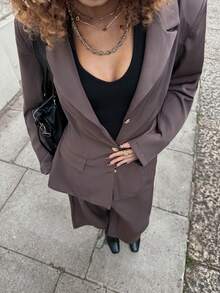 StreetHx 2pcs Women Streetwear Old Money Solid Color Blazer Jacket And 3/4 Shorts Set, Autumn - Mocha Brown - View 7