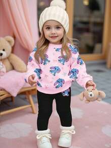 2pcs/Set Baby Girls Cute Cartoon Rabbit, Bow, Stitch Graphic Print Thick Crew Neck Long Sleeve Sweatshirt And Leggings Outfit, Suitable For Autumn & Winter - Multicolor - View 1