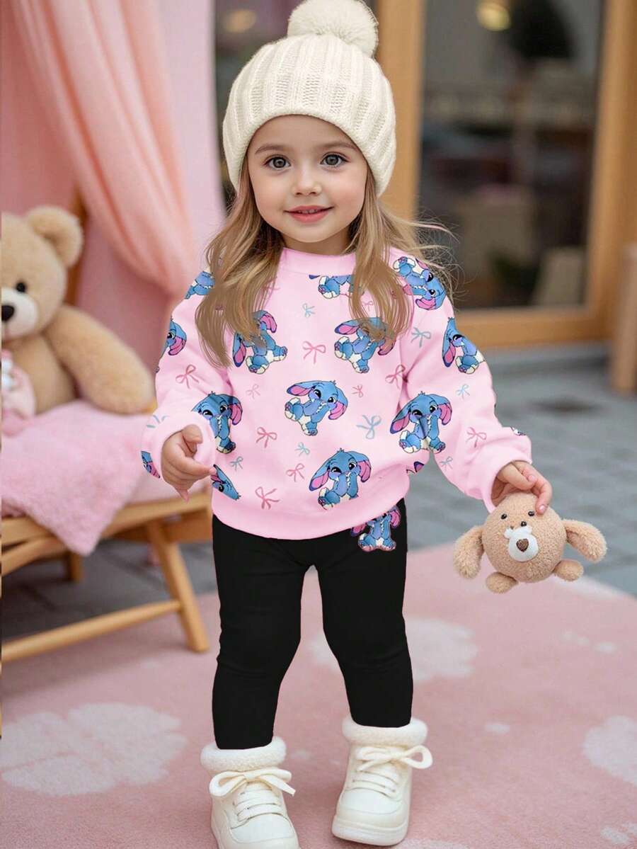 2pcs/Set Baby Girls Cute Cartoon Rabbit, Bow, Stitch Graphic Print Thick Crew Neck Long Sleeve Sweatshirt And Leggings Outfit, Suitable For Autumn & Winter - Multicolor - View 1