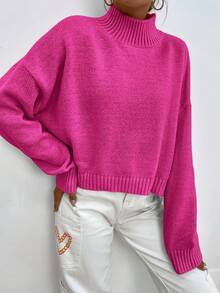EURMUSE Mock Neck Drop Shoulder Sweater - Hot Pink - View 4