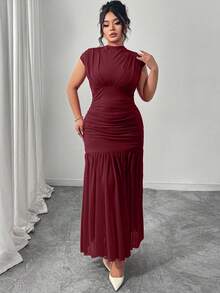 Cravure 加大码新款时尚纯红色迷你立领无袖性感镂空网眼拼布褶皱 A 字长裙，适合毕业派对、度假和约会 - 中紫紅色 - 查看 4