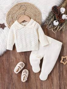 SHEIN Newborn Baby Sweater Co-Ords,Cute All White Autumn Knitted Long Sleeve Turtleneck Cable Design Sweater&Pants Two Pieces Set,Neutral Vintage Clothes - Apricot - View 1