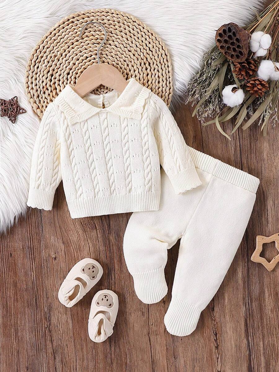 SHEIN Newborn Baby Sweater Co-Ords,Cute All White Autumn Knitted Long Sleeve Turtleneck Cable Design Sweater&Pants Two Pieces Set,Neutral Vintage Clothes - Apricot - View 1