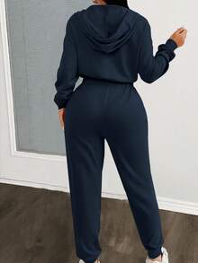Zolique Solid Color Hooded Zip-Up Long Sleeve Jumpsuit With Drawstring - Navy Blue - View 2