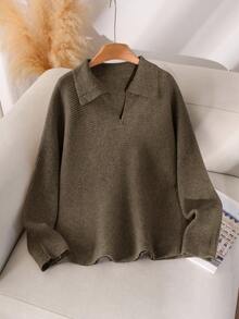 CosyJoli Große Größen einfarbiger Pullover mit Umlegekragen, Langarm - Braun - Übersicht 1