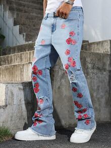 Manfinity EMRG Jeans anchos y sueltos de pierna ancha de color azul medio lavado para hombres, jeans holgados, jeans vintage lavados con forma de luna y desgastados - Lavado ligero - Ver 6