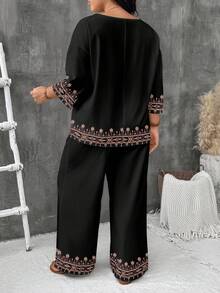 EMERY ROSE 2pcs Plus Size Faux Embroidered Floral Print Shirt & Pants Set