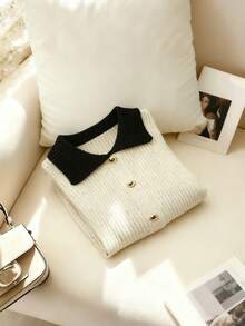 Elenzga Casual Commuter Comfortable Thick Knit Textured White & Black Polka Dot Long Sleeve Mock Neck Sweater, Suitable For Autumn/Winter Fall Cloth For Women - White - View 3