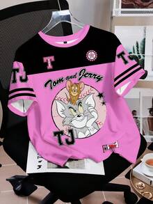 TOM & JERRY X SHEIN تي شيرت نسائي بتصميم كاجوال وشارع بطباعة كرتونية وحروف بألوان متباينة وفضفاض، صيفي