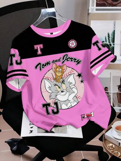 TOM & JERRY X SHEIN Camiseta holgada de estilo casual y urbano con gráficos de dibujos animados y letras en contraste de colores, para verano