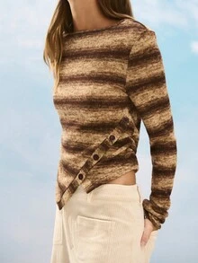 Nöista Cozy Striped Knit Sweater In Brown Tones, Featuring An Asymmetric Button Detail For A Modern Twist. Perfect For Winter Outfits, Christmas Gatherings, Or A Relaxed New Year Look, This Piece Combines Comfort And Style For An Effortlessly Chic Women's Wardrobe.