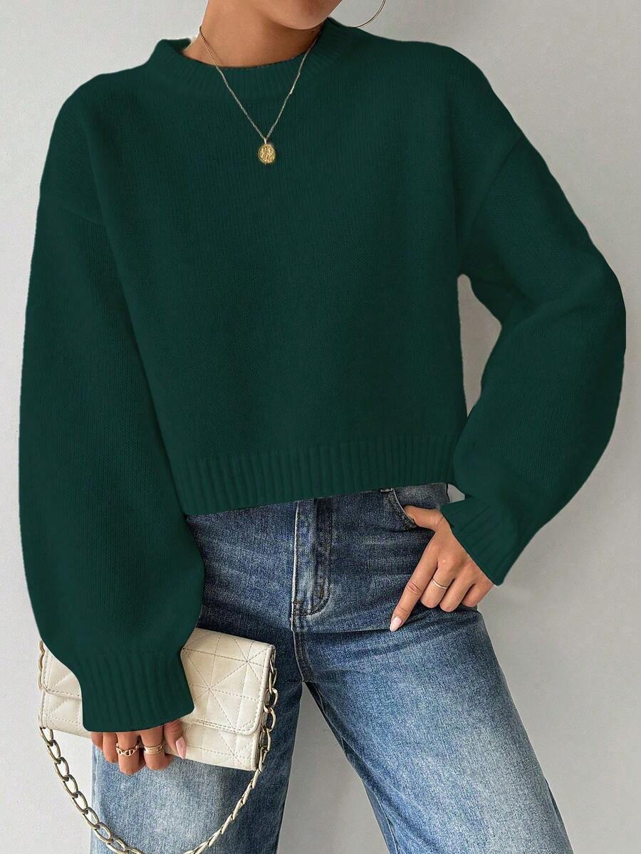 SHEIN LUNE Women's Solid Color Simple Casual Crew Neck Long Sleeve White Sweater - Dark Green - View 1