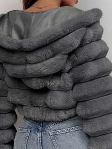 SHEIN EZwear 女士时尚灰色蓬松连帽短款人造毛皮夹克，秋冬 - 灰色 - 查看 7