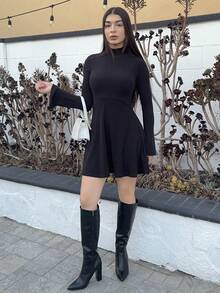 Andrea Bello 女式黑色时尚休闲中长连衣裙，长袖二合一领，半纽扣门襟，口袋，袖口和下摆拼色，杏色和白色 - 黑色 - 查看 6