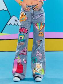 Adventure Time X ROMWE 卡通图案破洞宽松喇叭牛仔裤 - 藍色 - 查看 4