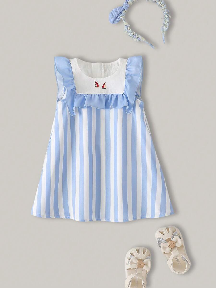 Joliand Joliand 1 Stück Mädchen elegantes City-Stil marineblau und weiß gestreiftes nautisches Grafik-Rüschendekor, luftige, bequeme ärmelloser Lässig Kleid, geeignet für Alltag, Reisen, Strand, Urlaub, Sommer - Verschiedenfarbig - Übersicht 1